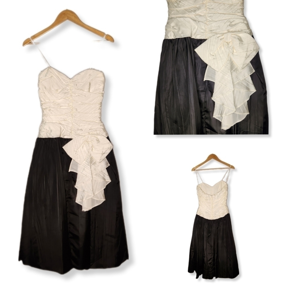 Vintage 80s Taffeta Ruched Bow Sweetheart Coctail Party Dress Size Small
